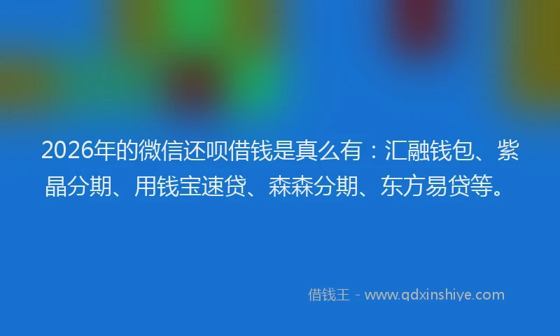 2026年的微信还呗借钱是真么有：汇融钱包、紫晶分期、用钱宝速贷、森森分期、东方易贷等。