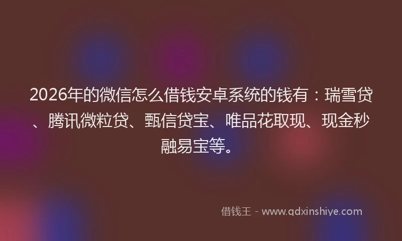 2026年的微信怎么借钱安卓系统的钱有：瑞雪贷、腾讯微粒贷、甄信贷宝、唯品花取现、现金秒融易宝等。