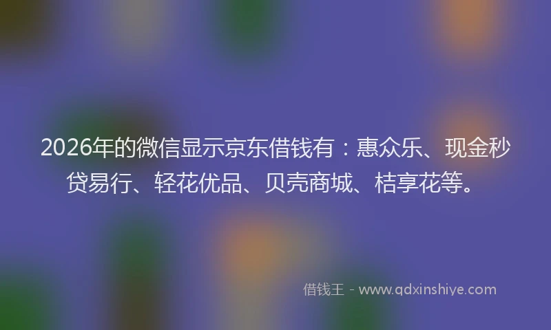 2026年的微信显示京东借钱有：惠众乐、现金秒贷易行、轻花优品、贝壳商城、桔享花等。