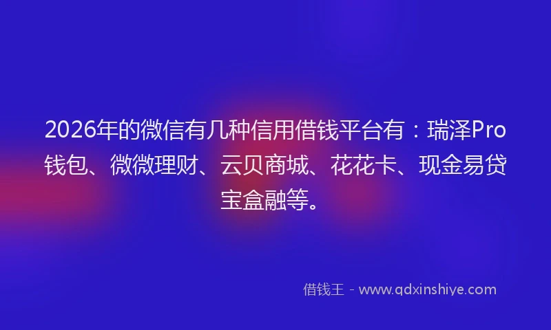 2026年的微信有几种信用借钱平台有：瑞泽Pro钱包、微微理财、云贝商城、花花卡、现金易贷宝盒融等。