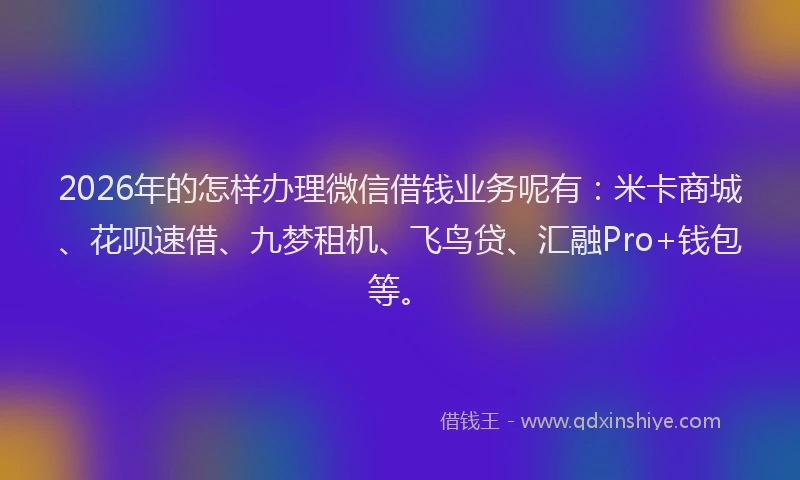 2026年的怎样办理微信借钱业务呢有：米卡商城、花呗速借、九梦租机、飞鸟贷、汇融Pro+钱包等。