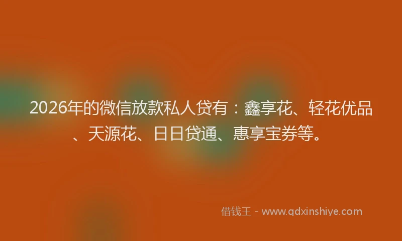 2026年的微信放款私人贷有：鑫享花、轻花优品、天源花、日日贷通、惠享宝券等。