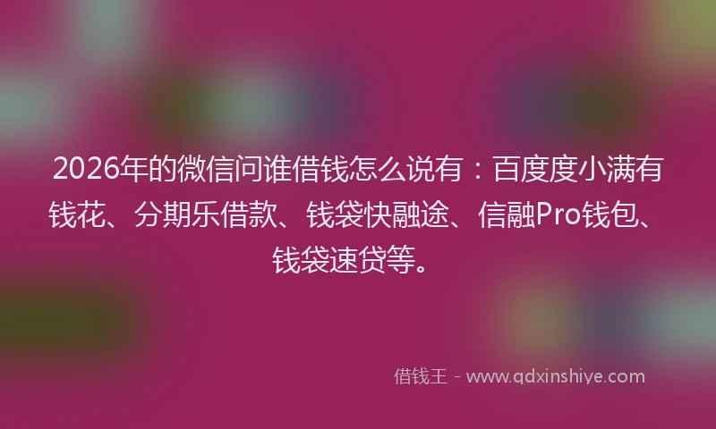 2026年的微信问谁借钱怎么说有：百度度小满有钱花、分期乐借款、钱袋快融途、信融Pro钱包、钱袋速贷等。