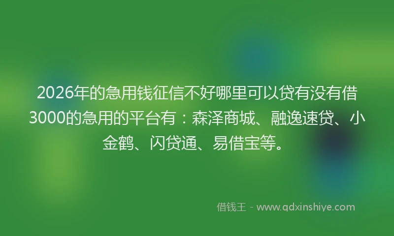 2026年的急用钱征信不好哪里可以贷有没有借3000的急用的平台有:森泽商城、融逸速贷、小金鹤、闪贷通、易借宝等。