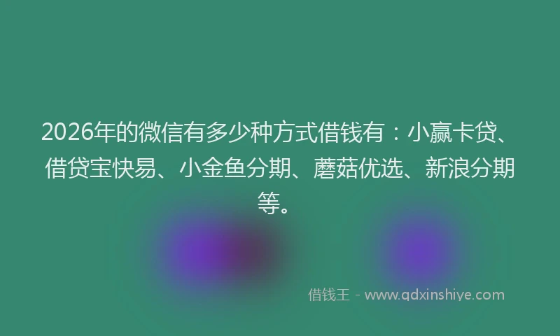 2026年的微信有多少种方式借钱有：小赢卡贷、借贷宝快易、小金鱼分期、蘑菇优选、新浪分期等。