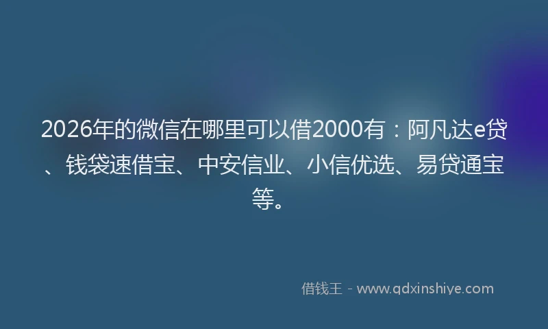 2026年的微信在哪里可以借2000有：阿凡达e贷、钱袋速借宝、中安信业、小信优选、易贷通宝等。