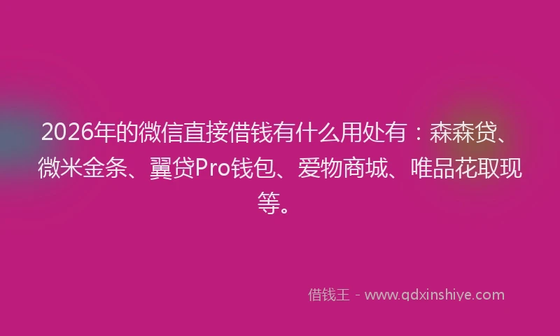 2026年的微信直接借钱有什么用处有：森森贷、微米金条、翼贷Pro钱包、爱物商城、唯品花取现等。