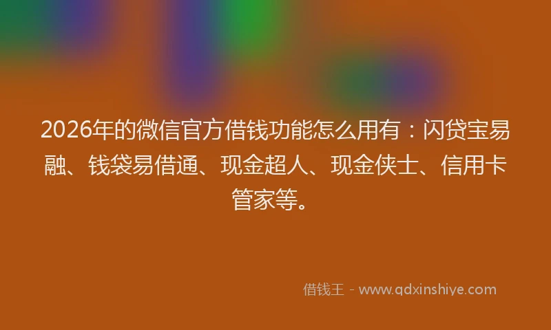 2026年的微信官方借钱功能怎么用有：闪贷宝易融、钱袋易借通、现金超人、现金侠士、信用卡管家等。