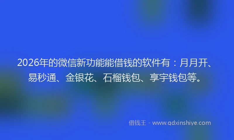 2026年的微信新功能能借钱的软件有：月月开、易秒通、金银花、石榴钱包、享宇钱包等。