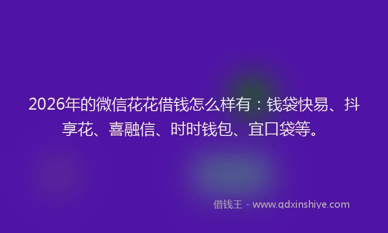 2026年的微信花花借钱怎么样有：钱袋快易、抖享花、喜融信、时时钱包、宜口袋等。