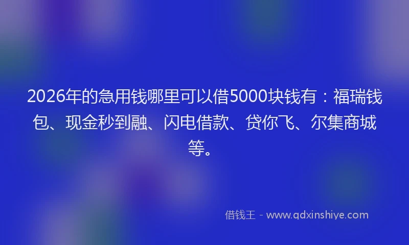 2026年的急用钱哪里可以借5000块钱有：福瑞钱包、现金秒到融、闪电借款、贷你飞、尔集商城等。