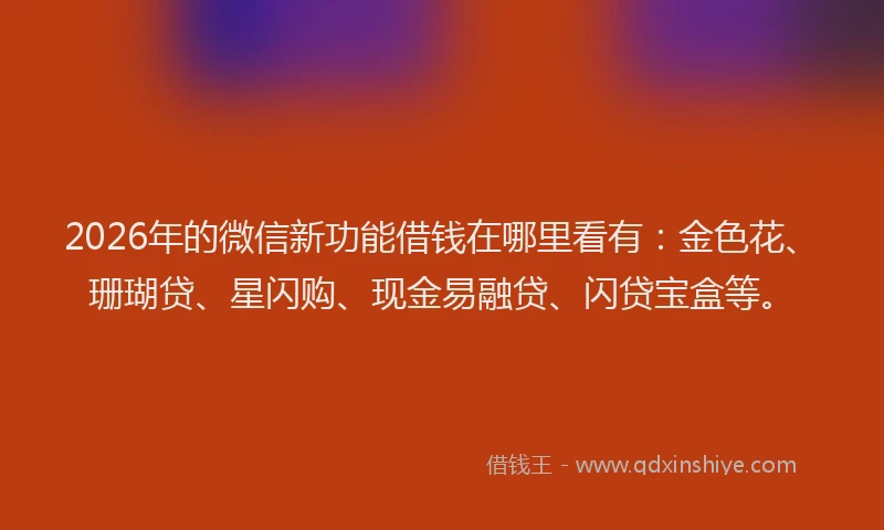 2026年的微信新功能借钱在哪里看有：金色花、珊瑚贷、星闪购、现金易融贷、闪贷宝盒等。