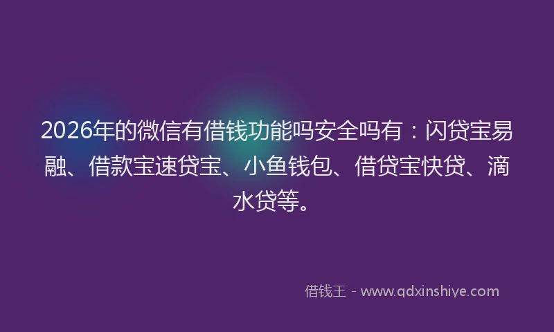 2026年的微信有借钱功能吗安全吗有：闪贷宝易融、借款宝速贷宝、小鱼钱包、借贷宝快贷、滴水贷等。