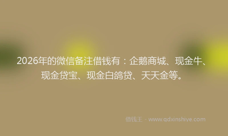 2026年的微信备注借钱有：企鹅商城、现金牛、现金贷宝、现金白鸽贷、天天金等。