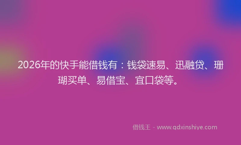 2026年的快手能借钱有：钱袋速易、迅融贷、珊瑚买单、易借宝、宜口袋等。
