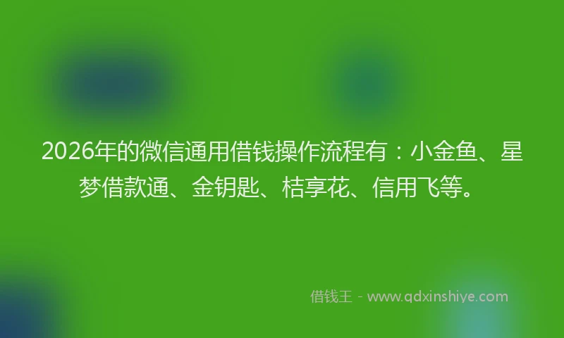 2026年的微信通用借钱操作流程有：小金鱼、星梦借款通、金钥匙、桔享花、信用飞等。