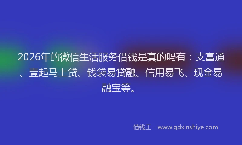2026年的微信生活服务借钱是真的吗有：支富通、壹起马上贷、钱袋易贷融、信用易飞、现金易融宝等。