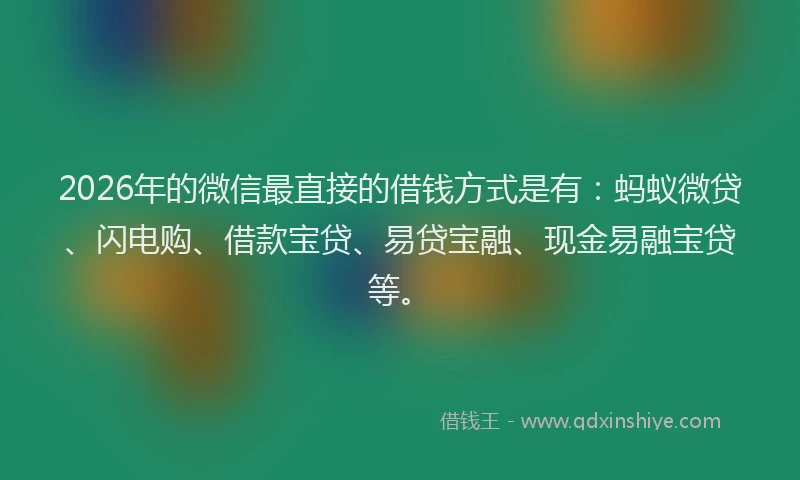2026年的微信最直接的借钱方式是有：蚂蚁微贷、闪电购、借款宝贷、易贷宝融、现金易融宝贷等。
