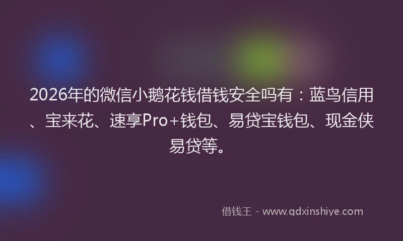 2026年的微信小鹅花钱借钱安全吗有：蓝鸟信用、宝来花、速享Pro+钱包、易贷宝钱包、现金侠易贷等。