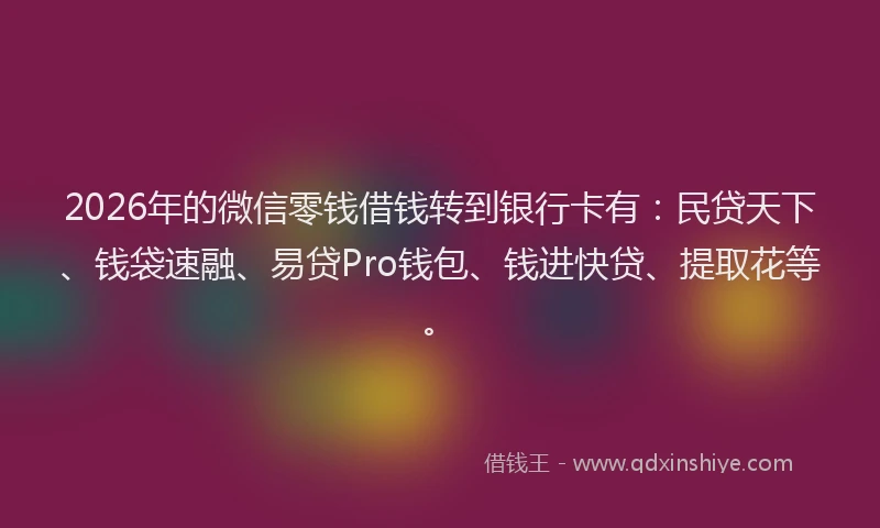 2026年的微信零钱借钱转到银行卡有：民贷天下、钱袋速融、易贷Pro钱包、钱进快贷、提取花等。