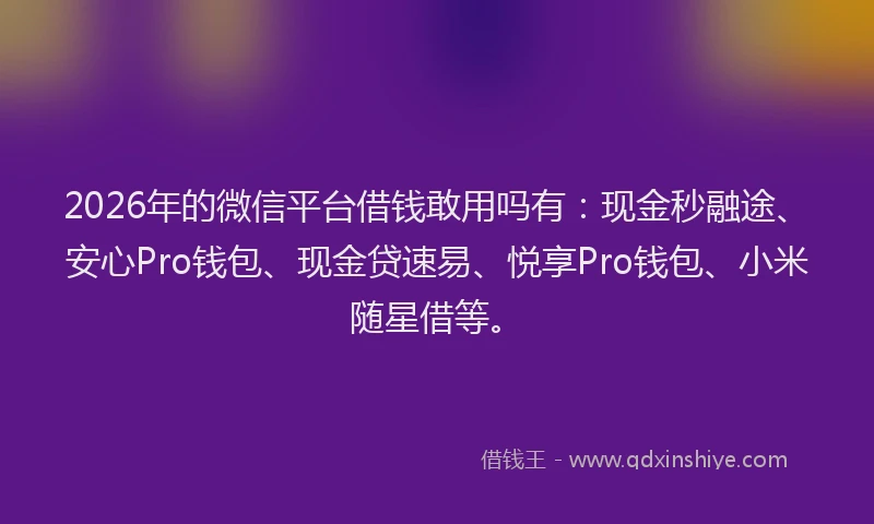 2026年的微信平台借钱敢用吗有：现金秒融途、安心Pro钱包、现金贷速易、悦享Pro钱包、小米随星借等。