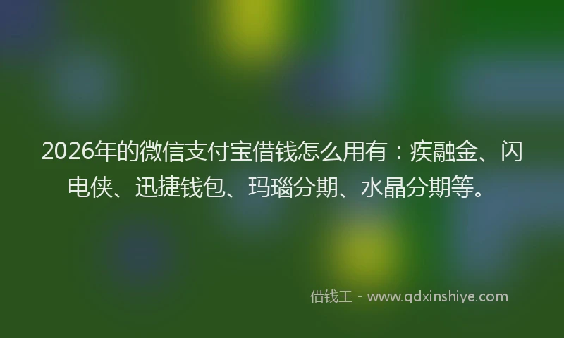 2026年的微信支付宝借钱怎么用有：疾融金、闪电侠、迅捷钱包、玛瑙分期、水晶分期等。