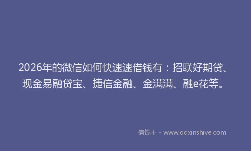 2026年的微信如何快速速借钱有：招联好期贷、现金易融贷宝、捷信金融、金满满、融e花等。