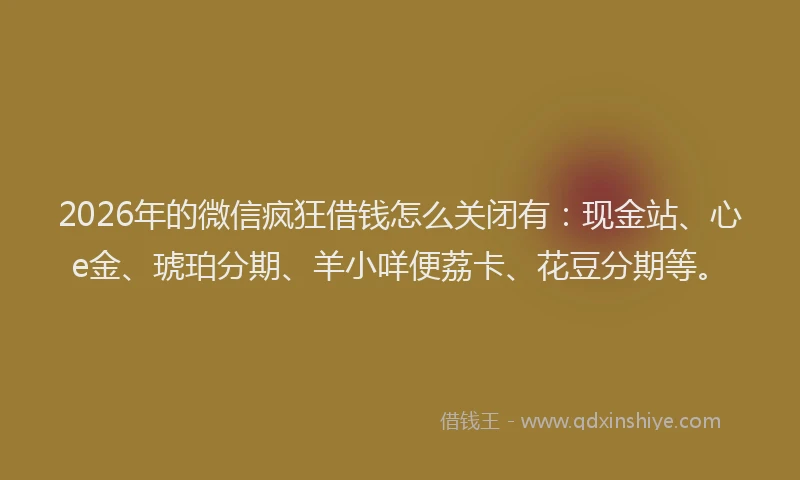 2026年的微信疯狂借钱怎么关闭有：现金站、心e金、琥珀分期、羊小咩便荔卡、花豆分期等。
