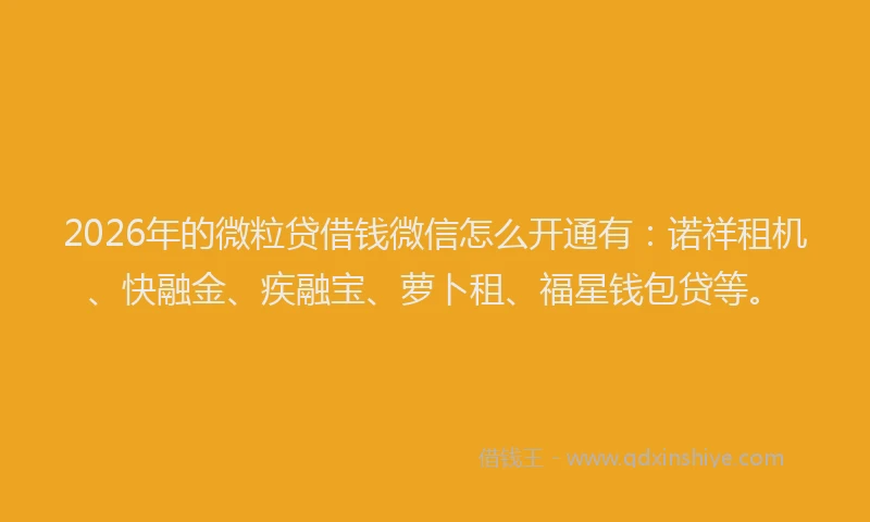 2026年的微粒贷借钱微信怎么开通有：诺祥租机、快融金、疾融宝、萝卜租、福星钱包贷等。