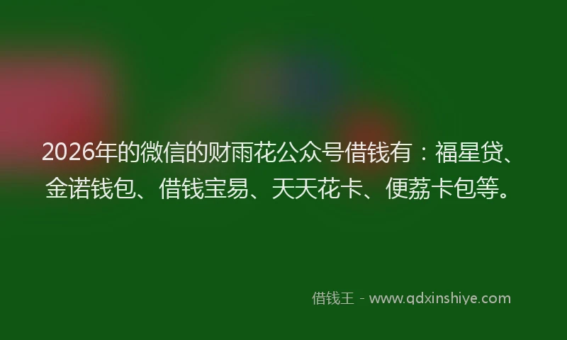2026年的微信的财雨花公众号借钱有：福星贷、金诺钱包、借钱宝易、天天花卡、便荔卡包等。