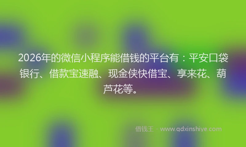 2026年的微信小程序能借钱的平台有：平安口袋银行、借款宝速融、现金侠快借宝、享来花、葫芦花等。