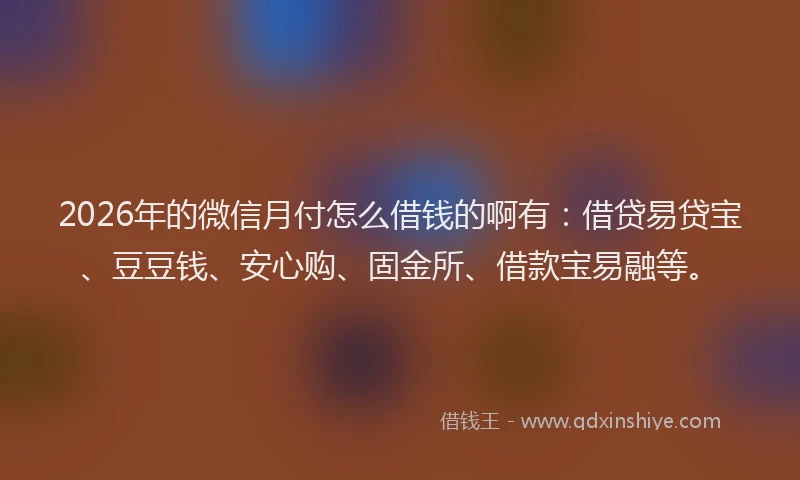 2026年的微信月付怎么借钱的啊有：借贷易贷宝、豆豆钱、安心购、固金所、借款宝易融等。