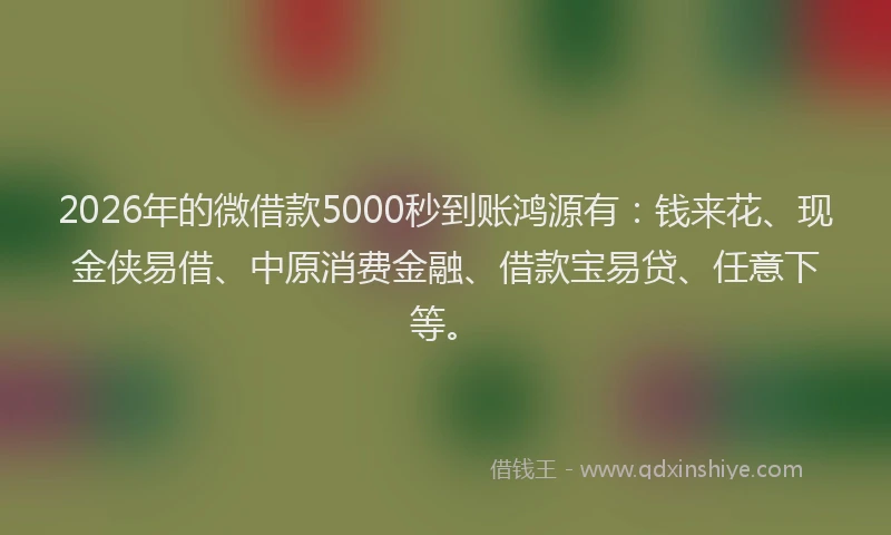 2026年的微借款5000秒到账鸿源有：钱来花、现金侠易借、中原消费金融、借款宝易贷、任意下等。