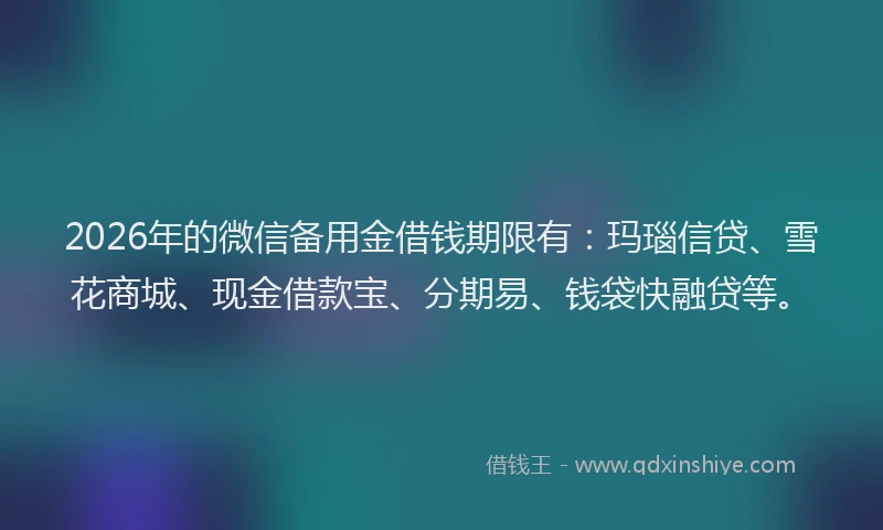 2026年的微信备用金借钱期限有：玛瑙信贷、雪花商城、现金借款宝、分期易、钱袋快融贷等。