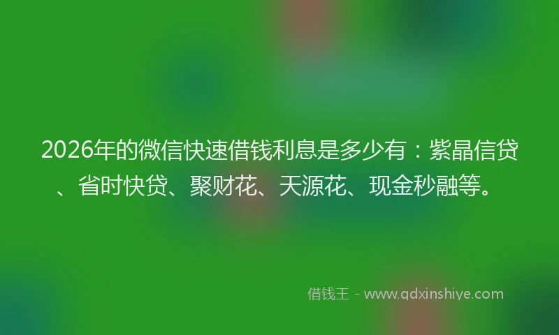 2026年的微信快速借钱利息是多少有：紫晶信贷、省时快贷、聚财花、天源花、现金秒融等。