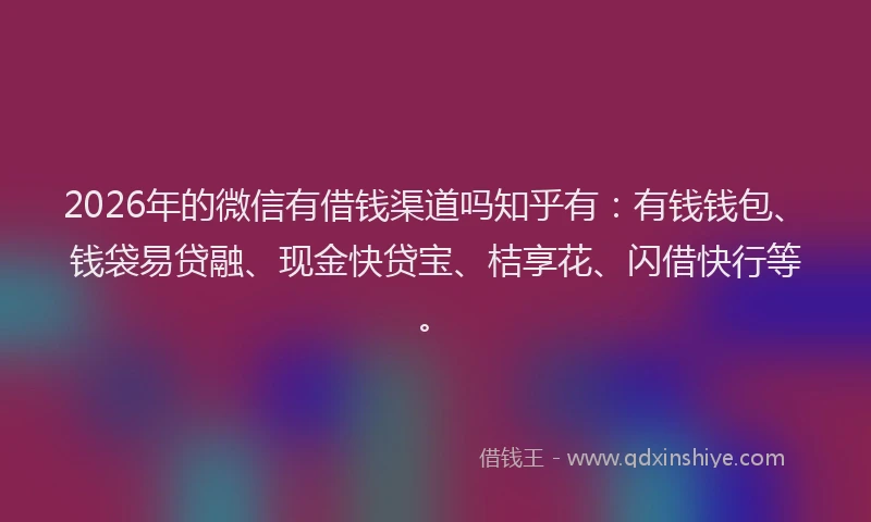 2026年的微信有借钱渠道吗知乎有：有钱钱包、钱袋易贷融、现金快贷宝、桔享花、闪借快行等。