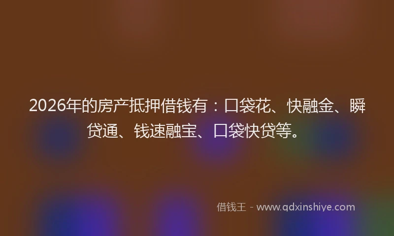 2026年的房产抵押借钱有：口袋花、快融金、瞬贷通、钱速融宝、口袋快贷等。