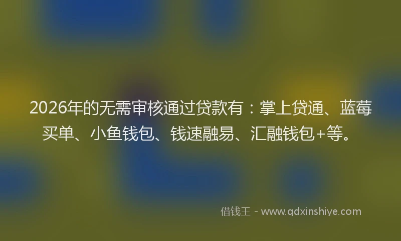 2026年的无需审核通过贷款有：掌上贷通、蓝莓买单、小鱼钱包、钱速融易、汇融钱包+等。