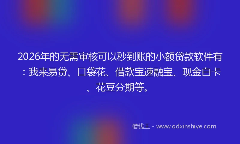 2026年的无需审核可以秒到账的小额贷款软件有：我来易贷、口袋花、借款宝速融宝、现金白卡、花豆分期等。