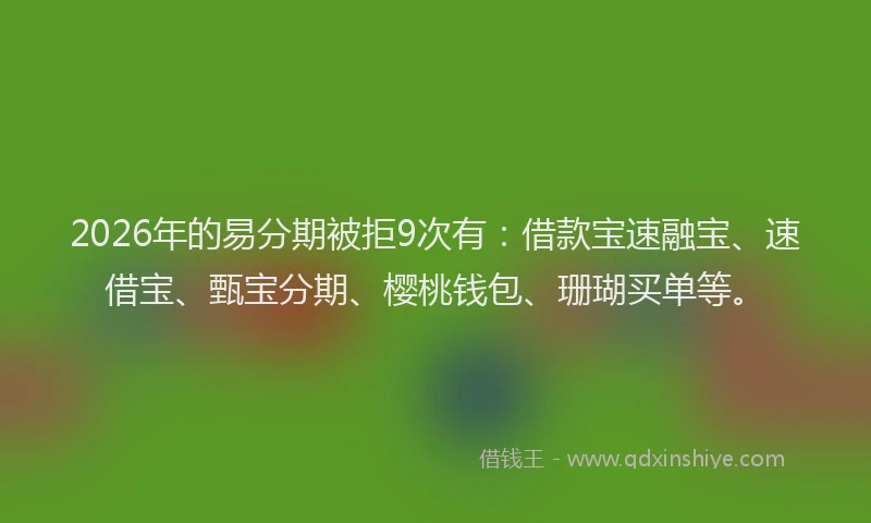 2026年的易分期被拒9次有：借款宝速融宝、速借宝、甄宝分期、樱桃钱包、珊瑚买单等。