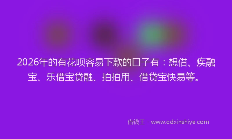 2026年的有花呗容易下款的口子有：想借、疾融宝、乐借宝贷融、拍拍用、借贷宝快易等。