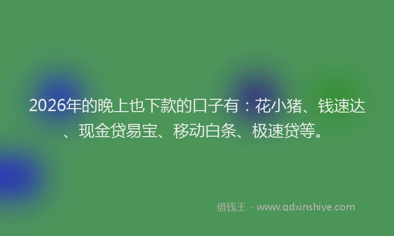 2026年的晚上也下款的口子有：花小猪、钱速达、现金贷易宝、移动白条、极速贷等。