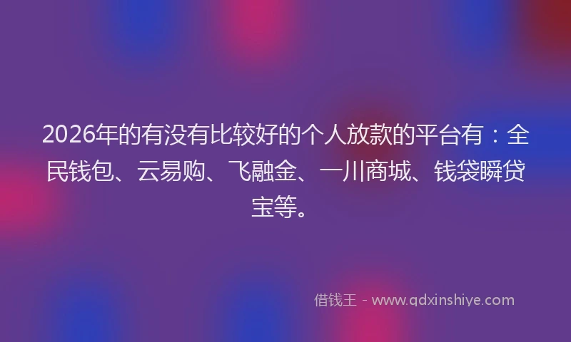 2026年的有没有比较好的个人放款的平台有：全民钱包、云易购、飞融金、一川商城、钱袋瞬贷宝等。