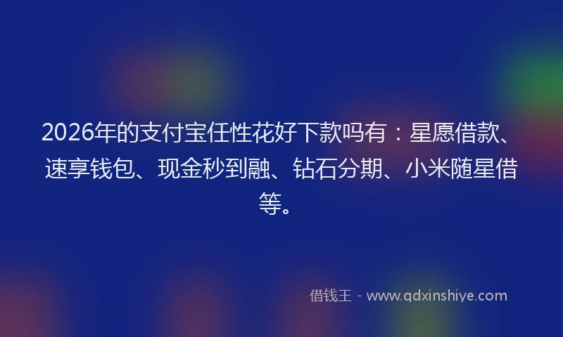 2026年的支付宝任性花好下款吗有：星愿借款、速享钱包、现金秒到融、钻石分期、小米随星借等。