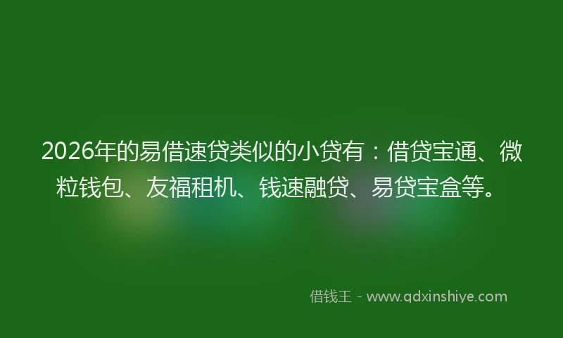 2026年的易借速贷类似的小贷有：借贷宝通、微粒钱包、友福租机、钱速融贷、易贷宝盒等。