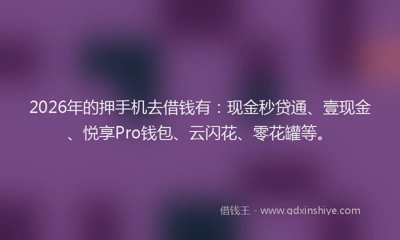 2026年的押手机去借钱有：现金秒贷通、壹现金、悦享Pro钱包、云闪花、零花罐等。