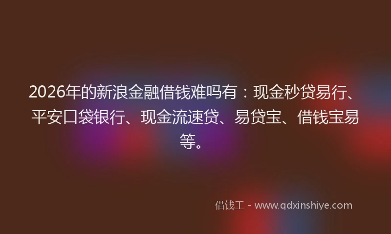 2026年的新浪金融借钱难吗有：现金秒贷易行、平安口袋银行、现金流速贷、易贷宝、借钱宝易等。