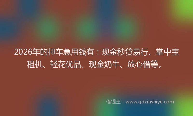 2026年的押车急用钱有：现金秒贷易行、掌中宝租机、轻花优品、现金奶牛、放心借等。