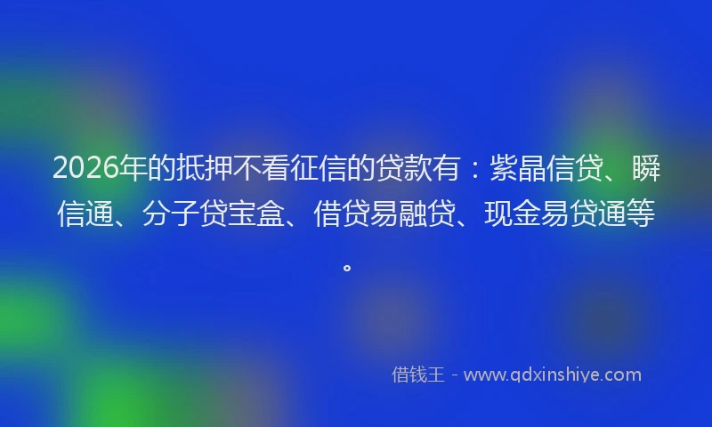 2026年的抵押不看征信的贷款有：紫晶信贷、瞬信通、分子贷宝盒、借贷易融贷、现金易贷通等。