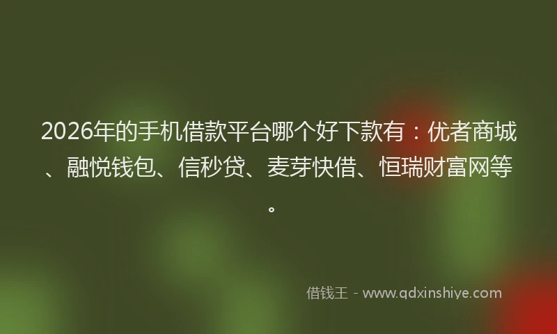 2026年的手机借款平台哪个好下款有：优者商城、融悦钱包、信秒贷、麦芽快借、恒瑞财富网等。